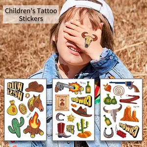 Kids western cowboy temporary tattoo set featuring cactus horse and hat designs