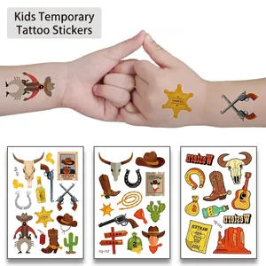 Western Cowboy Temporary Tattoo Stickers Waterproof Cartoon Sheriff Cactus Vintage Body Art For Kids Children