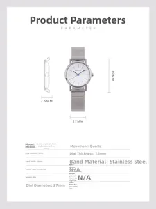 Detailed dimension guide for minimalist stainless steel mesh band watch with 27mm dial