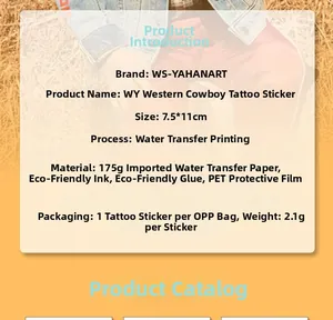 Detailed specifications of cowboy themed temporary tattoo stickers with product dimensions