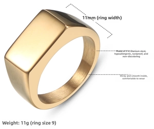 Detail of 11mm wide golden stainless steel signet ring for men showing 11g weight specs