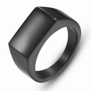 Mens matte black rectangle signet ring made of minimalist stainless steel