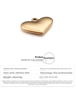 Detailed view of gold plated stainless steel heart pendant with weight and material specs
