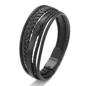 Handmade multilayer black woven leather bracelet for men with black magnetic clasp