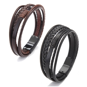 Men's handmade woven leather cord bracelets in black and brown with magnetic clasp
