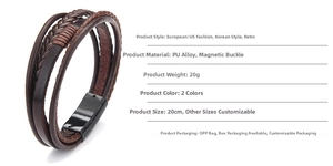 Detail view of vintage multi-layer braided leather bracelet with black magnetic clasp