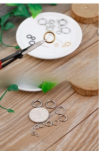DIY jewelry open jump rings in gold silver and black with coin for size reference