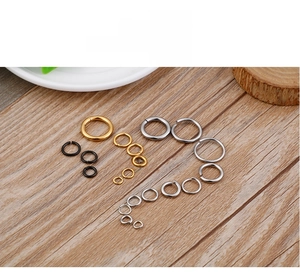 DIY jump rings in gold, silver, and black plating, arranged by size for jewelry making