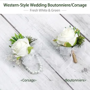 Elegante Boutonniere E Corsage Da Polso In Raso Artificiale Con Nastro Di Organza Juta Per Matrimonio Festa Accessori