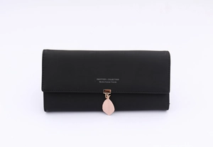 Close-up of black PU leather long wallet featuring a pink leaf charm and fine stitching