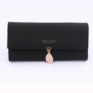 Long black matte women's wallet with pink leaf pendant and golden hardware detail