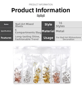 Detailed view of 6-grid pack with gold and silver metal nail art rivets in various shapes