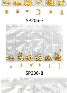 Detailed view of assorted gold alloy nail art rivets in six-grid packaging sets
