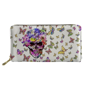 Skull and butterfly floral printed white long zip-around PU leather wallet for women