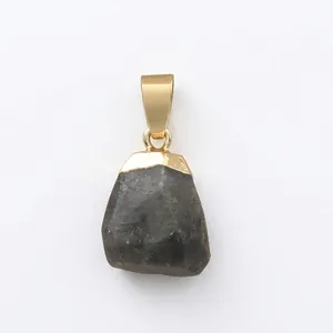 Faceted raw natural grey stone pendant necklace with elegant gold-plated metal clasp