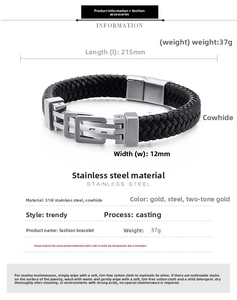 Detail view showing dimensions of braided leather bracelet with stainless steel clasp