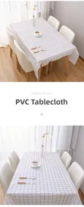 Detailed view of waterproof PVC tablecloth with minimalist black and white plaid pattern