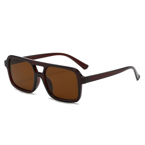 Retro square pilot sunglasses with burgundy double bridge frame and brown lenses