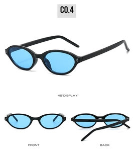Vue sous trois angles de lunettes de soleil ovales rétro avec monture noire et verres bleus