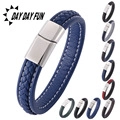 Detail of multi-color braided leather bracelets with polished stainless steel clasp