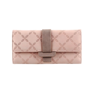 Pink PU leather long wallet with geometric hollow pattern and brown buckle by PRETTY ZYS