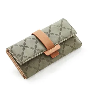 Green long PU leather wallet with embossed clover pattern and snap buckle closure