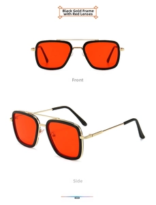 Retro square kids sunglasses with black gold metal frame and transparent red lenses