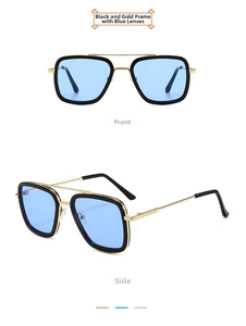 Retro child sunglasses with black gold metal frame and light blue transparent lenses