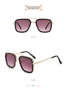 Front and side views of black and gold kids sunglasses with gradient purple lenses