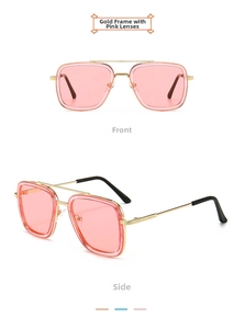 Front and 45-degree views of kids vintage square gold metal sunglasses with pink lenses