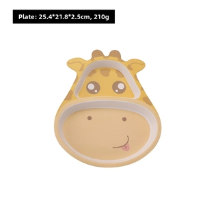 Detailed view of giraffe-shaped bamboo fiber kids plate with dimensions 25.4x21.8x2.5cm