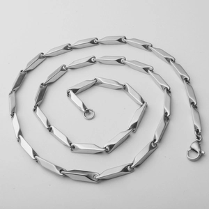 Detail of silver stainless steel chain with lobster clasp and faceted mirror-polished links