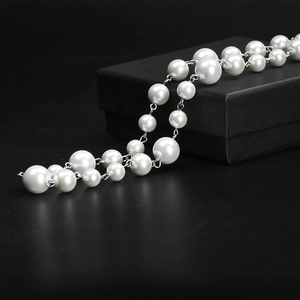 Hip-hop titanium steel necklace with white pearls and silver chain on black gift box