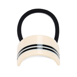 French acetate semi-circle hair tie with cream finish and black stripes on white background