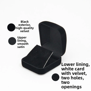 Detail of black velvet jewelry box with satin lining and secure earring slits