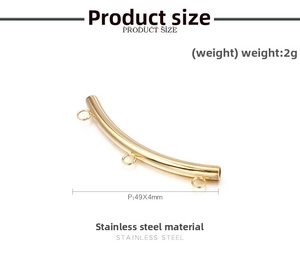 Detailed view of 49x4mm gold stainless steel curved tube connector with three hanging rings