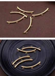 Polished gold stainless steel curved tube connectors with small rings for DIY jewelry