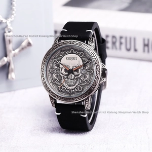 Detailed close-up of 3D skull relief dial and date window on men's retro quartz watch