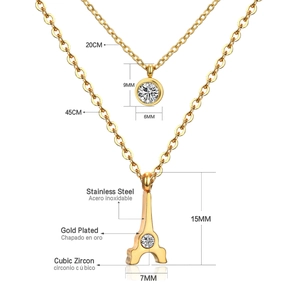 Detail of 18K gold plated stainless steel Eiffel Tower and cubic zirconia pendant necklaces