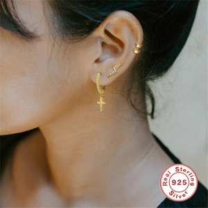 Sterling silver gold cross hoop earrings with lightning bolt stud and ear cuffs set