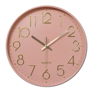 Modern 12-inch silent pink wall clock with 3D gold numerals and quartz movement