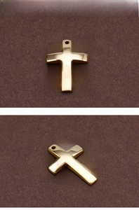 Detailed views of a gold cross pendant featuring a polished mirror finish for DIY jewelry