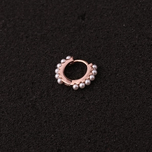 Rose gold hoop earrings with white pearl inlay and hinged closure for women