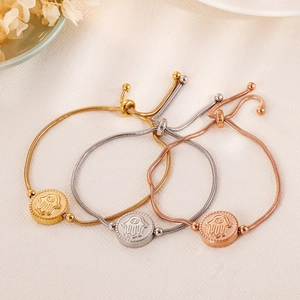 Adjustable stainless steel Hamsa hand bracelets in gold, silver, and rose gold finishes
