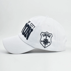 Classic white cotton baseball cap featuring navy blue 3D OF CITY embroidery and side badge
