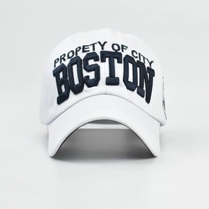 Classic white cotton baseball cap featuring blue 3D Boston letter embroidery and curved brim