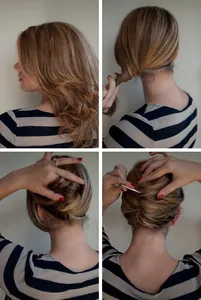 Step-by-step tutorial for styling a French twist using a U-shaped metal hair pin fork
