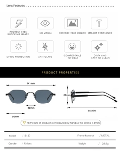Detailed size chart and UV400 protection features for retro rimless metal sunglasses