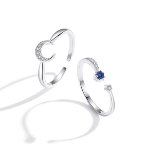 Elegant S925 sterling silver moon and blue star open adjustable ring set for women