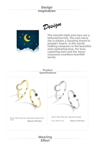 Close-up of S925 sterling silver moon and blue star ring with detailed product specs